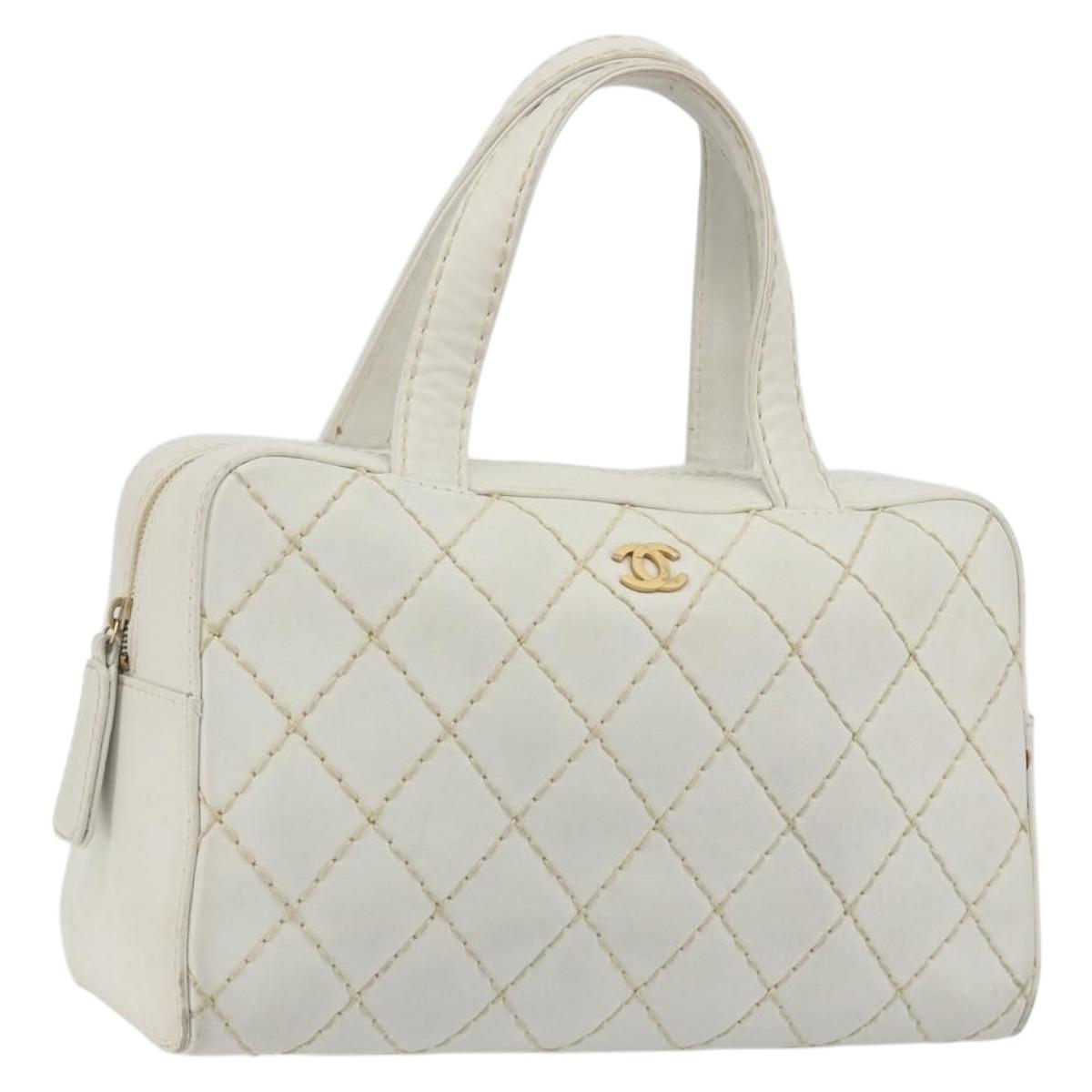 CHANEL Wild stitch Hand Bag Leather White Gold Tone CC Auth BA14785A