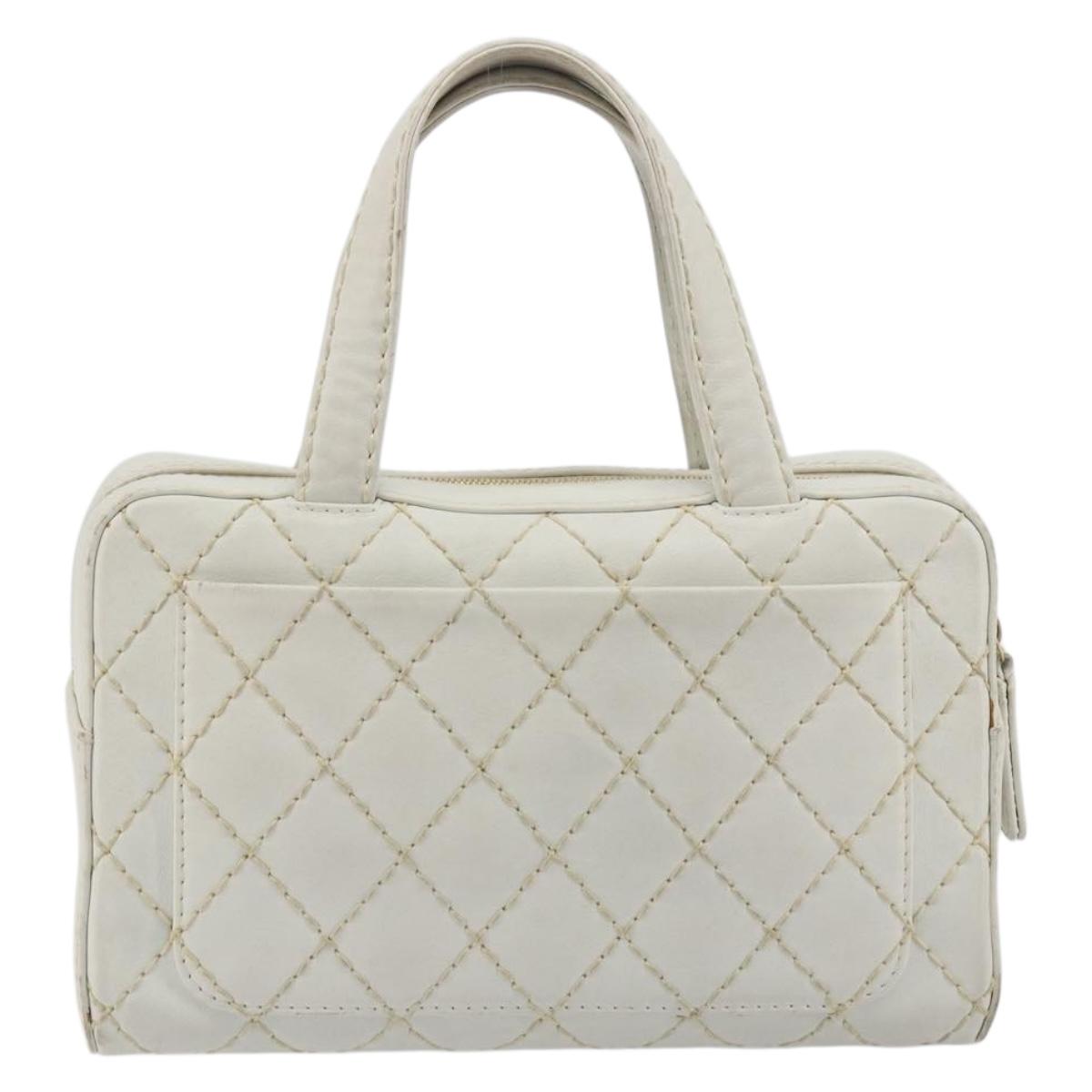 CHANEL Wild stitch Hand Bag Leather White Gold Tone CC Auth BA14785A