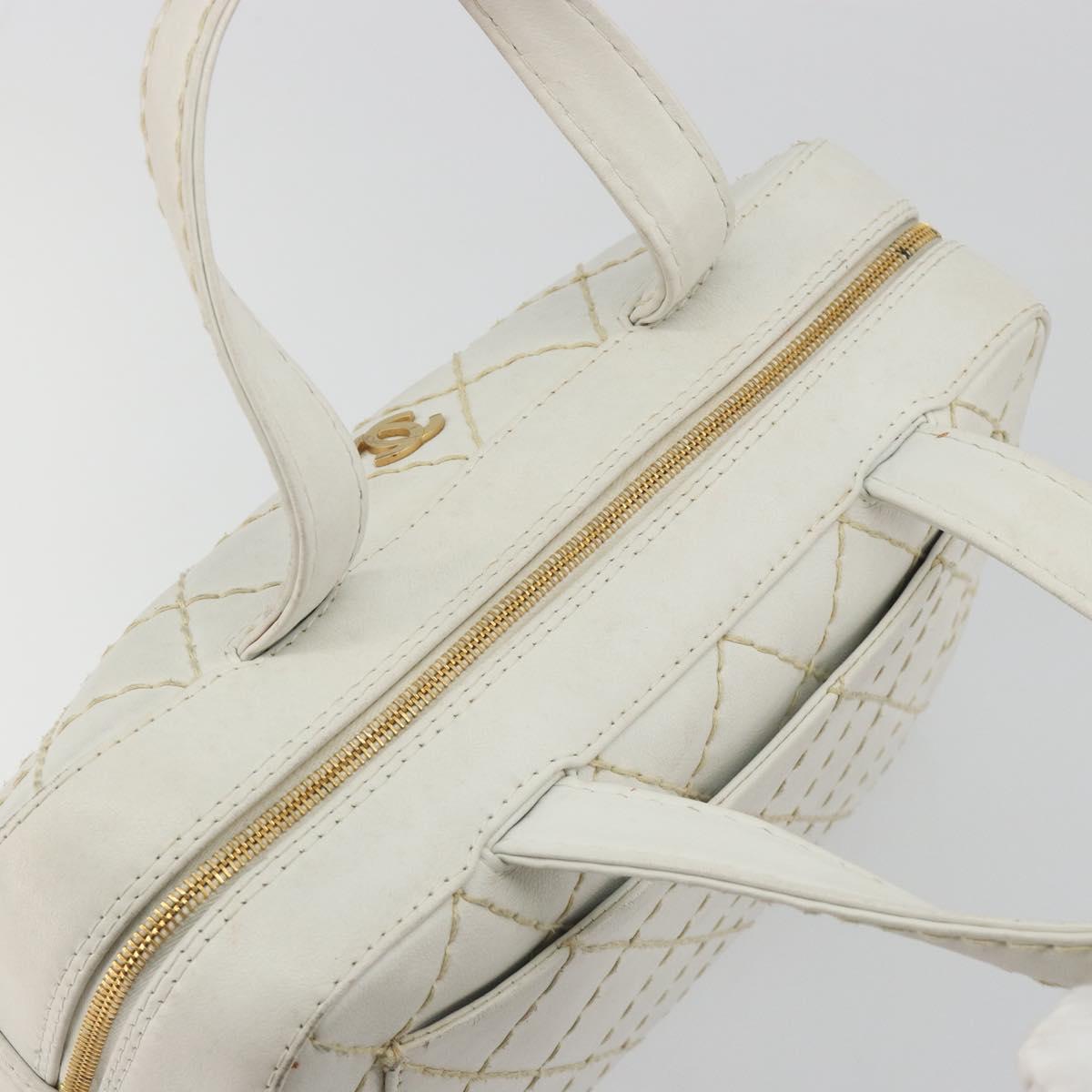 CHANEL Wild stitch Hand Bag Leather White Gold Tone CC Auth BA14785A
