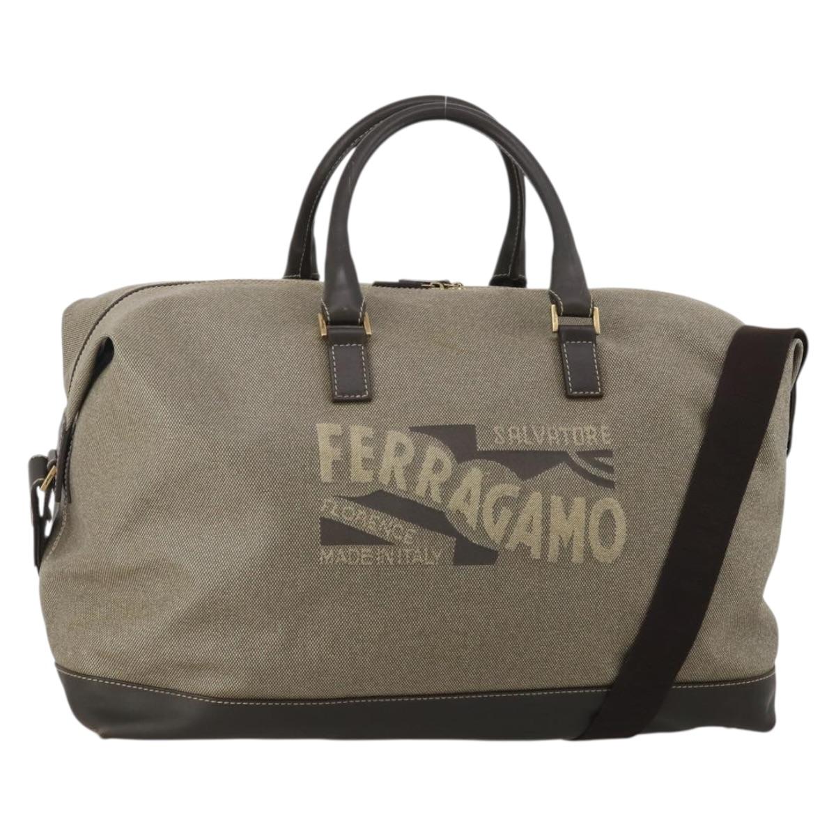Salvatore Ferragamo Boston Bag Canvas 2way Khaki Gold Tone Auth BA14791