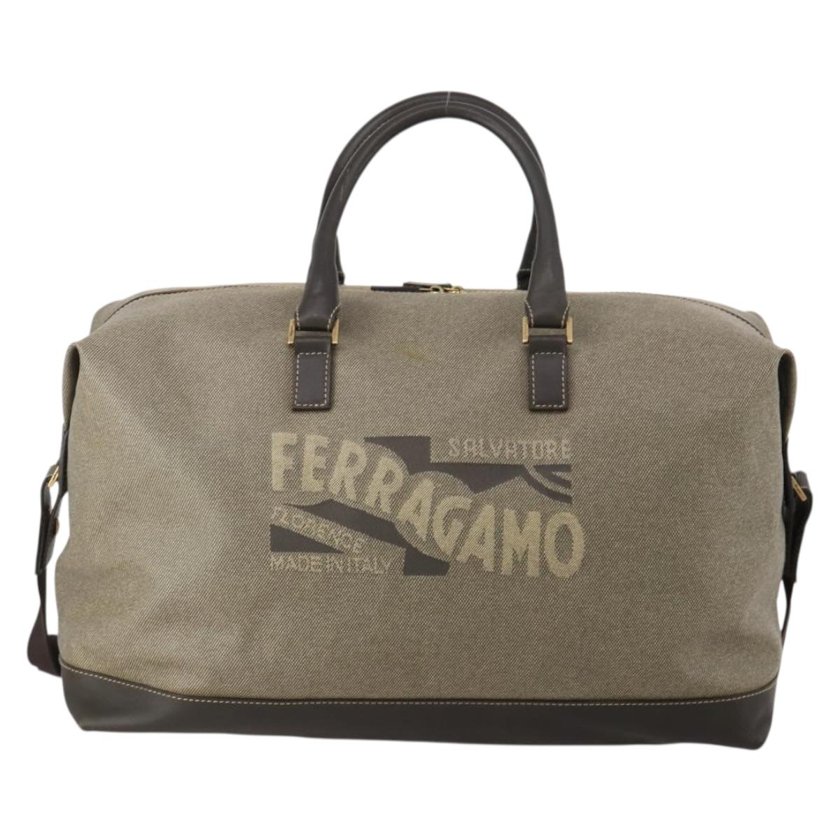 Salvatore Ferragamo Boston Bag Canvas 2way Khaki Gold Tone Auth BA14791