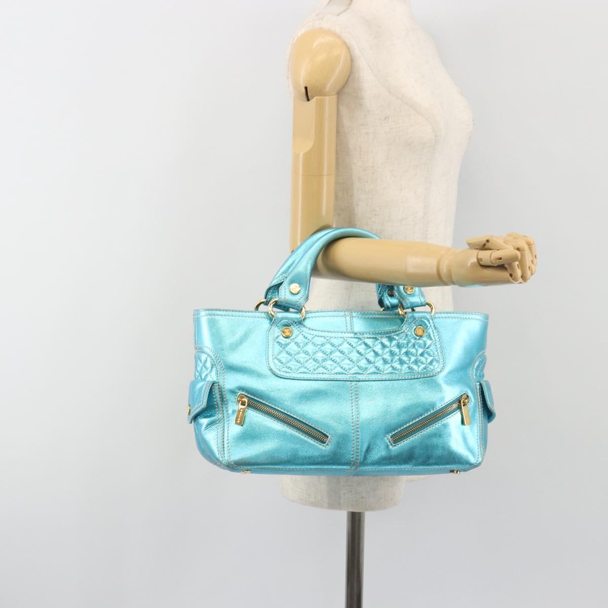 CELINE Boogie Bag Hand Bag Leather Blue Gold Tone Auth BA14792V