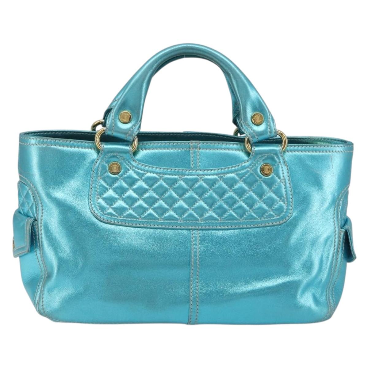 CELINE Boogie Bag Hand Bag Leather Blue Gold Tone Auth BA14792V