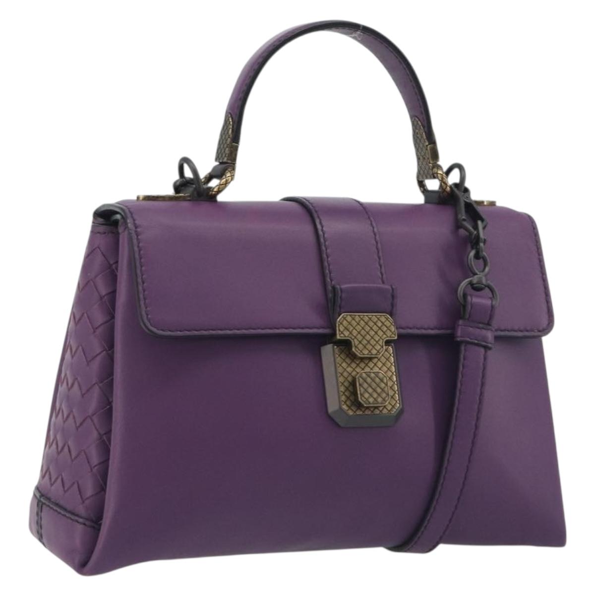 BOTTEGA VENETA INTRECCIATO Hand Bag Leather 2way Purple Gold Tone Auth BA14797V