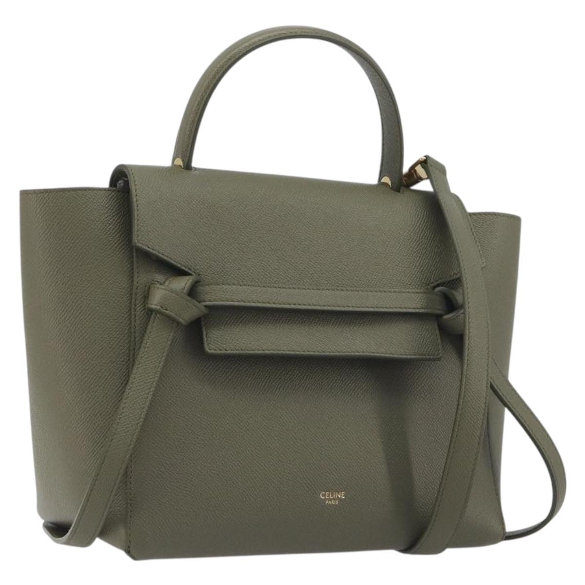 CELINE Belt Bag Leather Khaki Gold Tone Auth BA14799M