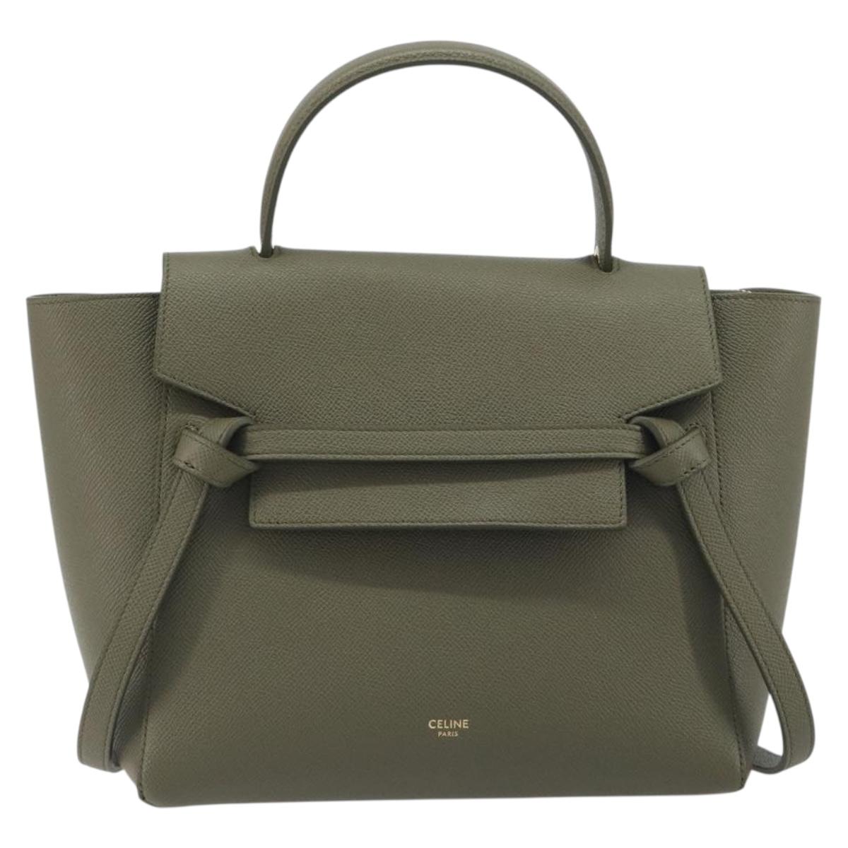 CELINE Belt Bag Leather Khaki Gold Tone Auth BA14799M