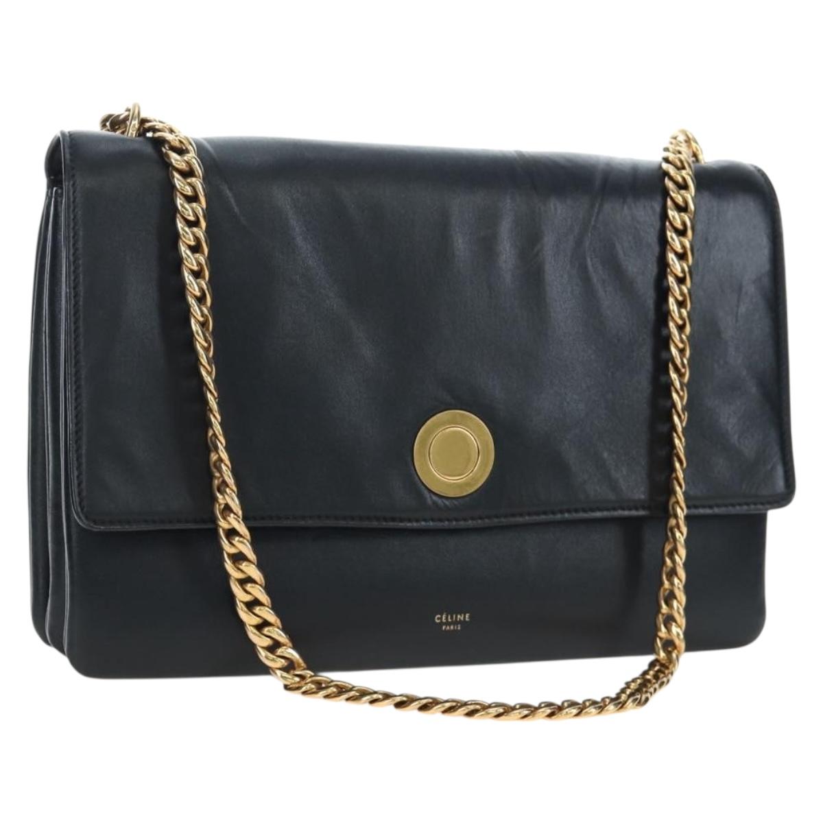 CELINE Chain Shoulder Bag Leather Black Gold Tone Auth BA14803V