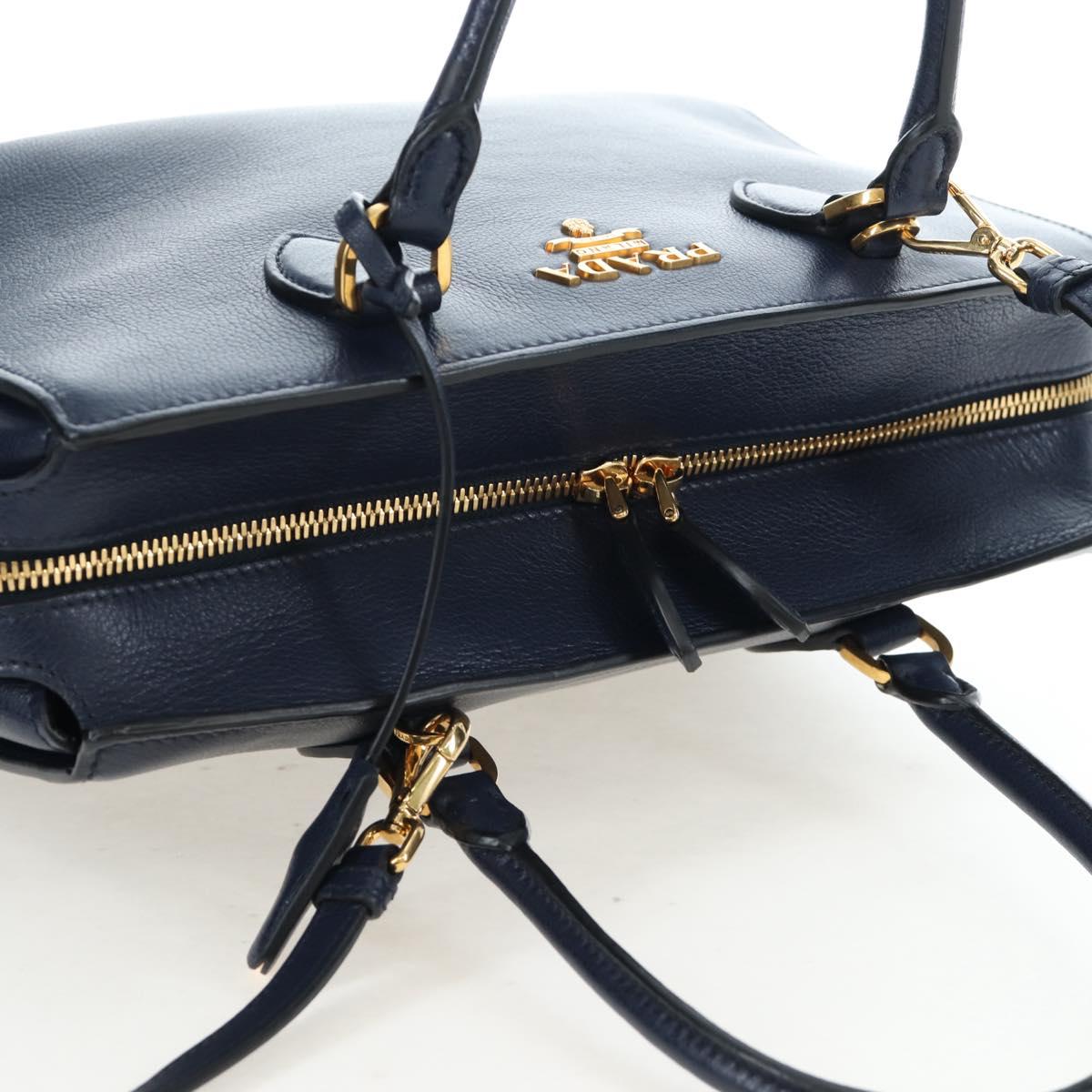 PRADA Vitterodino Hand Bag Leather 2way Navy Gold Tone Auth BA14804V