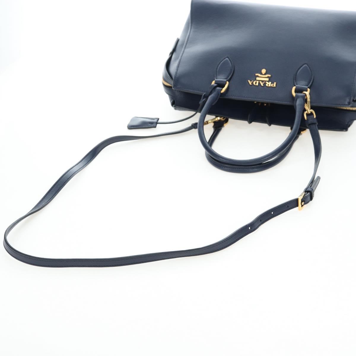 PRADA Vitterodino Hand Bag Leather 2way Navy Gold Tone Auth BA14804V