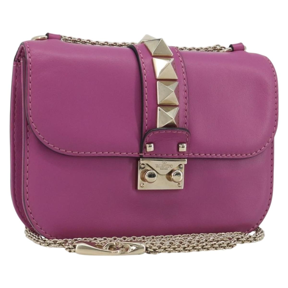 VALENTINO Studs Chain Shoulder Bag Leather Pink Gold Tone Auth BA14809A