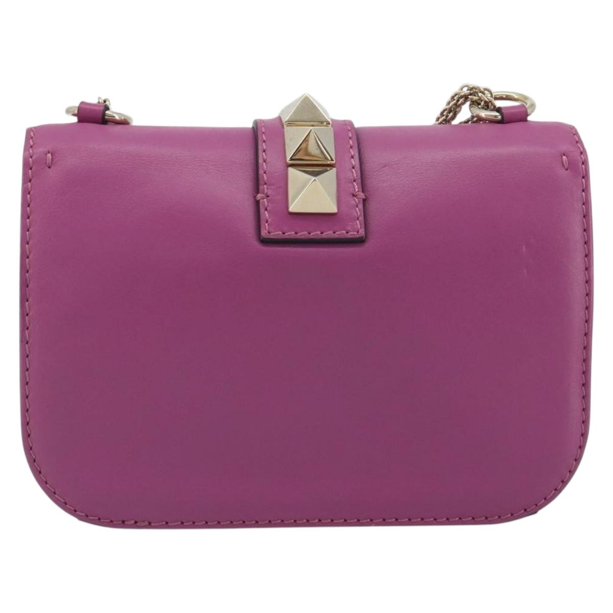VALENTINO Studs Chain Shoulder Bag Leather Pink Gold Tone Auth BA14809A