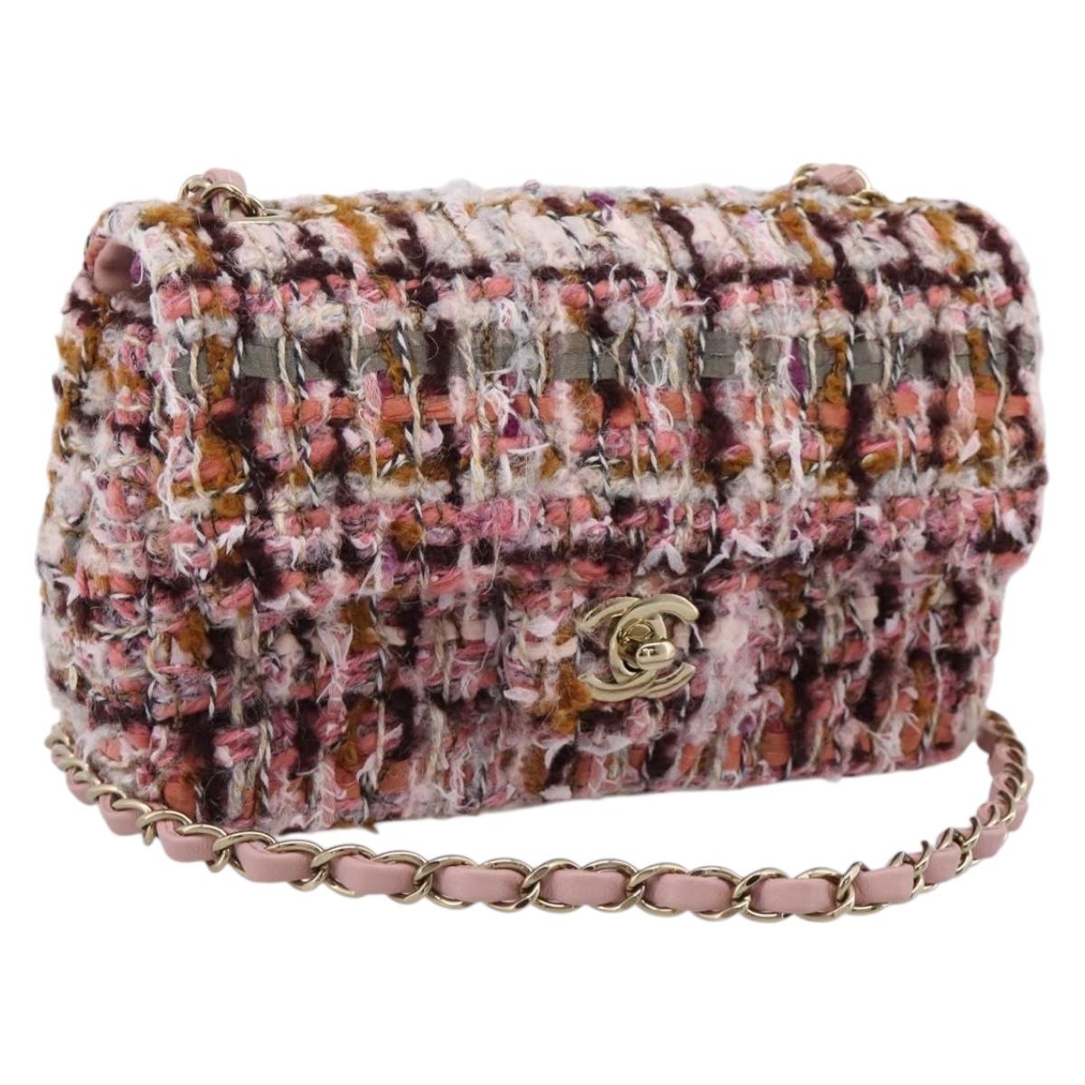 CHANEL Matelasse 20 Chain Shoulder Bag Tweed Pink Gold Tone CC Auth BA14811SM