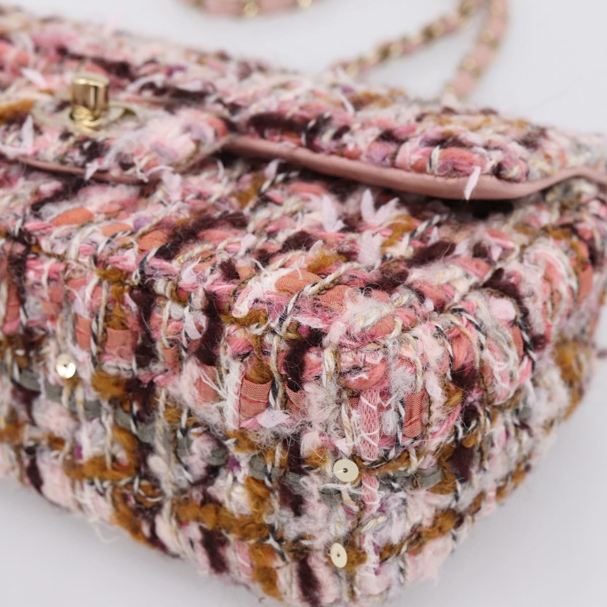 CHANEL Matelasse 20 Chain Shoulder Bag Tweed Pink Gold Tone CC Auth BA14811SM