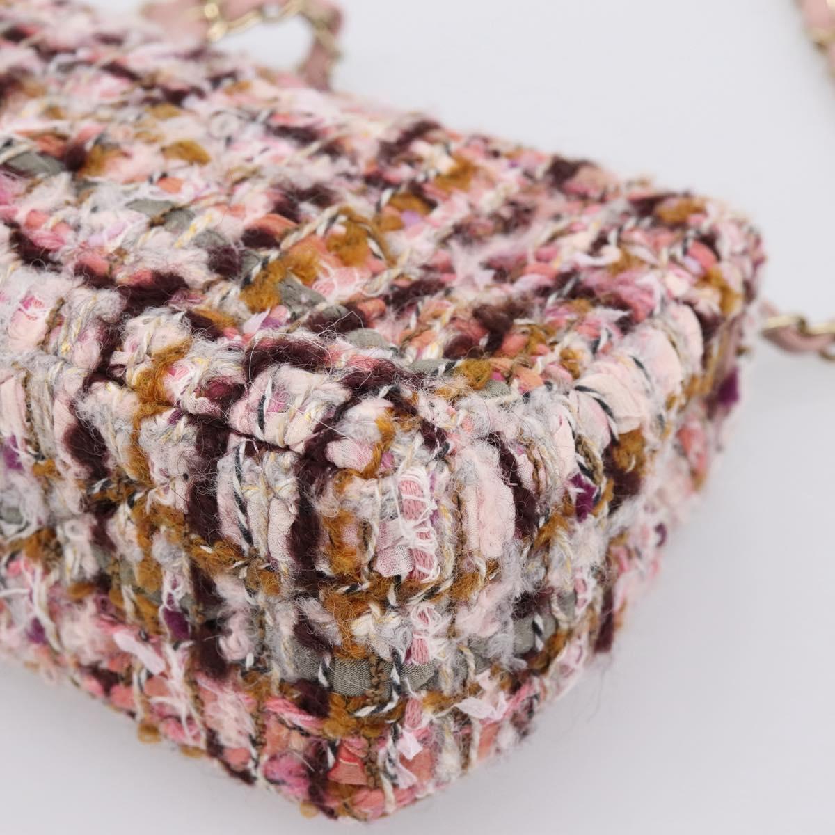 CHANEL Matelasse 20 Chain Shoulder Bag Tweed Pink Gold Tone CC Auth BA14811SM