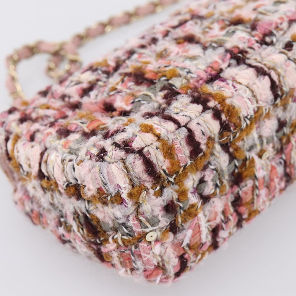 CHANEL Matelasse 20 Chain Shoulder Bag Tweed Pink Gold Tone CC Auth BA14811SM
