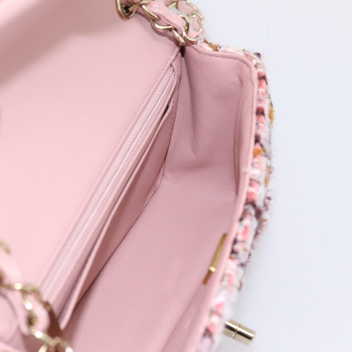 CHANEL Matelasse 20 Chain Shoulder Bag Tweed Pink Gold Tone CC Auth BA14811SM