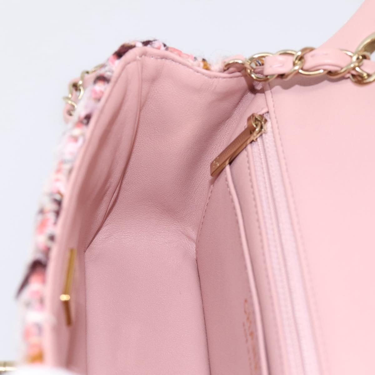 CHANEL Matelasse 20 Chain Shoulder Bag Tweed Pink Gold Tone CC Auth BA14811SM
