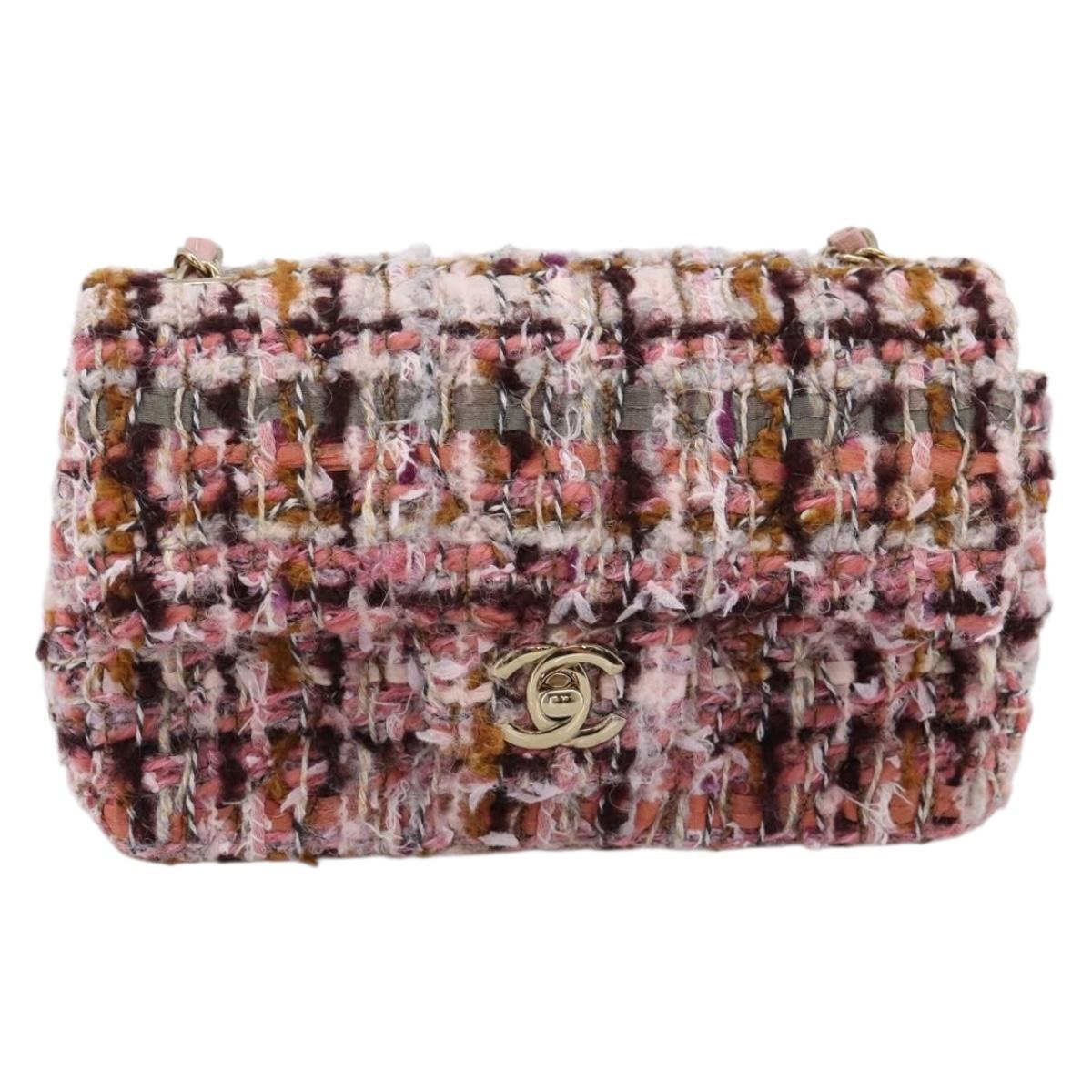 CHANEL Matelasse 20 Chain Shoulder Bag Tweed Pink Gold Tone CC Auth BA14811SM