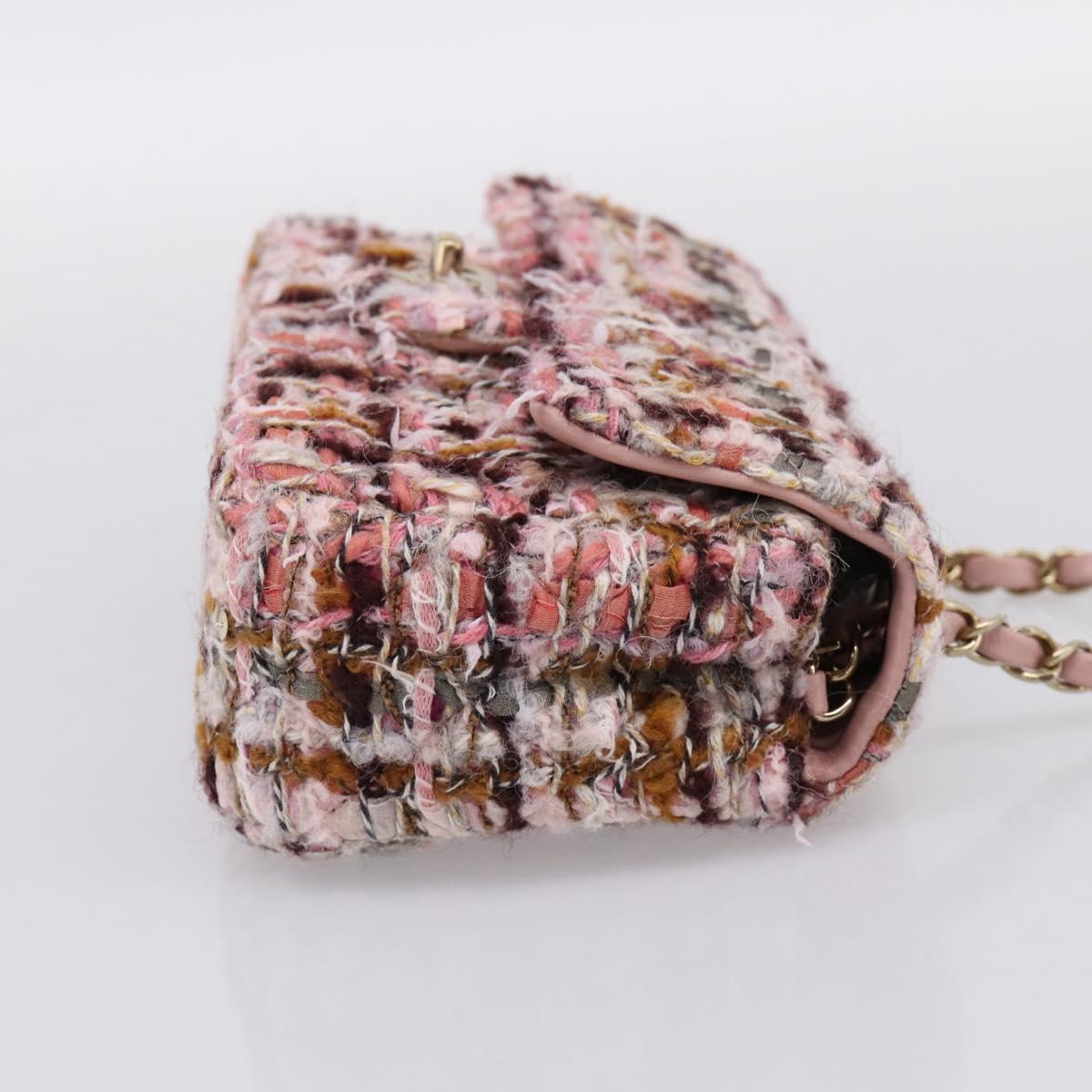 CHANEL Matelasse 20 Chain Shoulder Bag Tweed Pink Gold Tone CC Auth BA14811SM