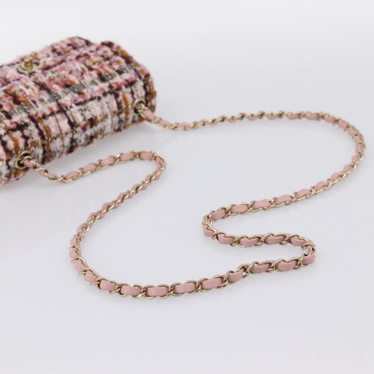 CHANEL Matelasse 20 Chain Shoulder Bag Tweed Pink Gold Tone CC Auth BA14811SM