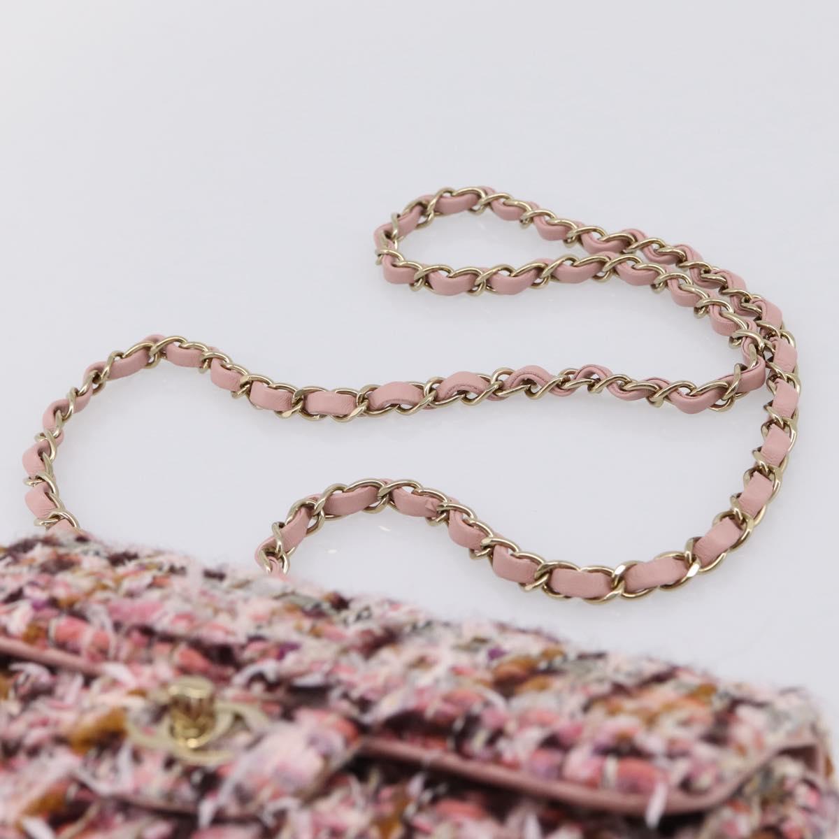 CHANEL Matelasse 20 Chain Shoulder Bag Tweed Pink Gold Tone CC Auth BA14811SM