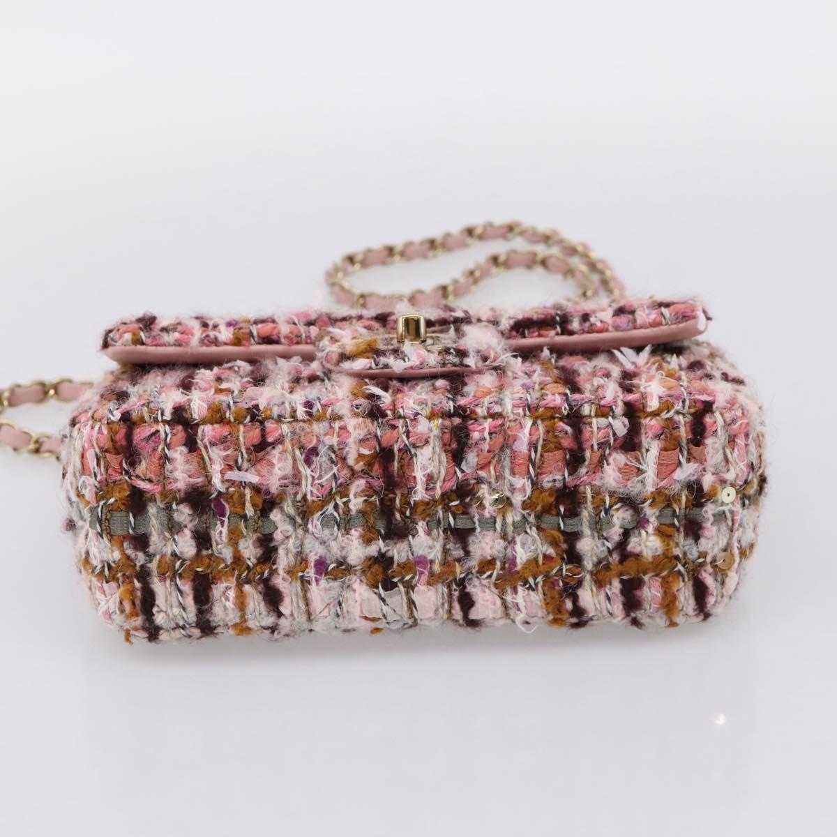 CHANEL Matelasse 20 Chain Shoulder Bag Tweed Pink Gold Tone CC Auth BA14811SM