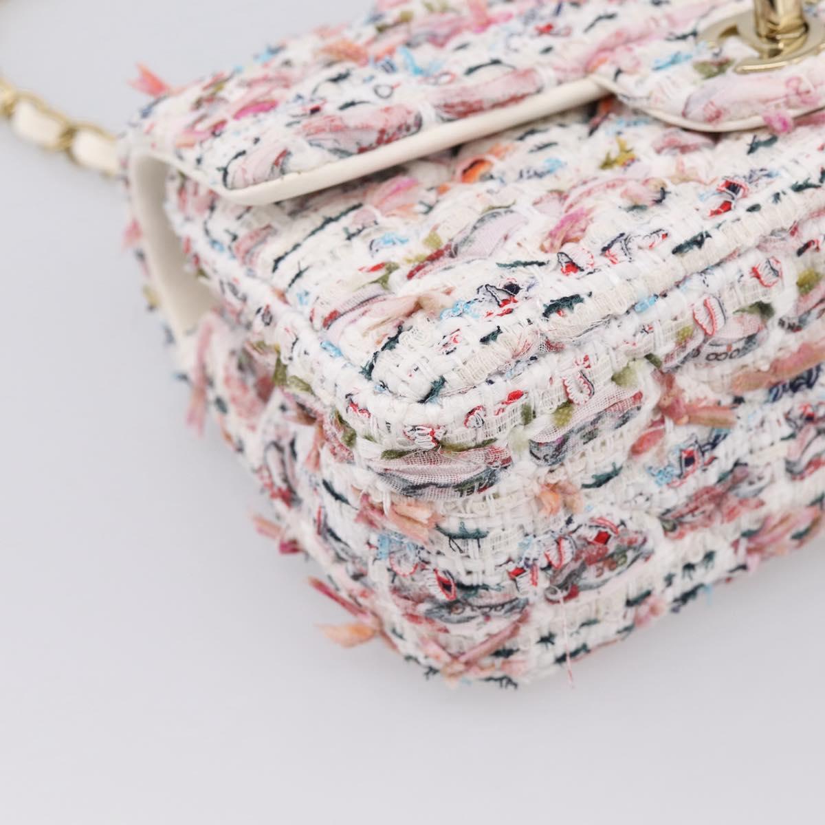 CHANEL Matelasse 20 Chain Shoulder Bag Tweed White Gold Tone CC Auth BA14812SM