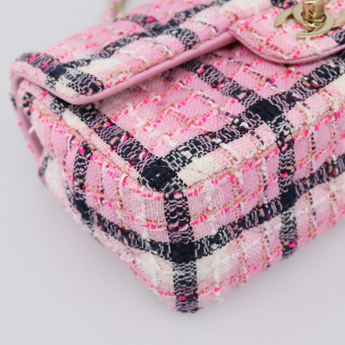 CHANEL Matelasse 20 Chain Shoulder Bag Tweed Pink Gold Tone CC Auth BA14813SM