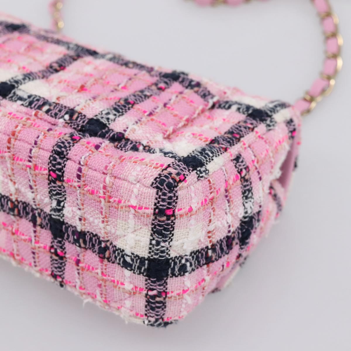 CHANEL Matelasse 20 Chain Shoulder Bag Tweed Pink Gold Tone CC Auth BA14813SM
