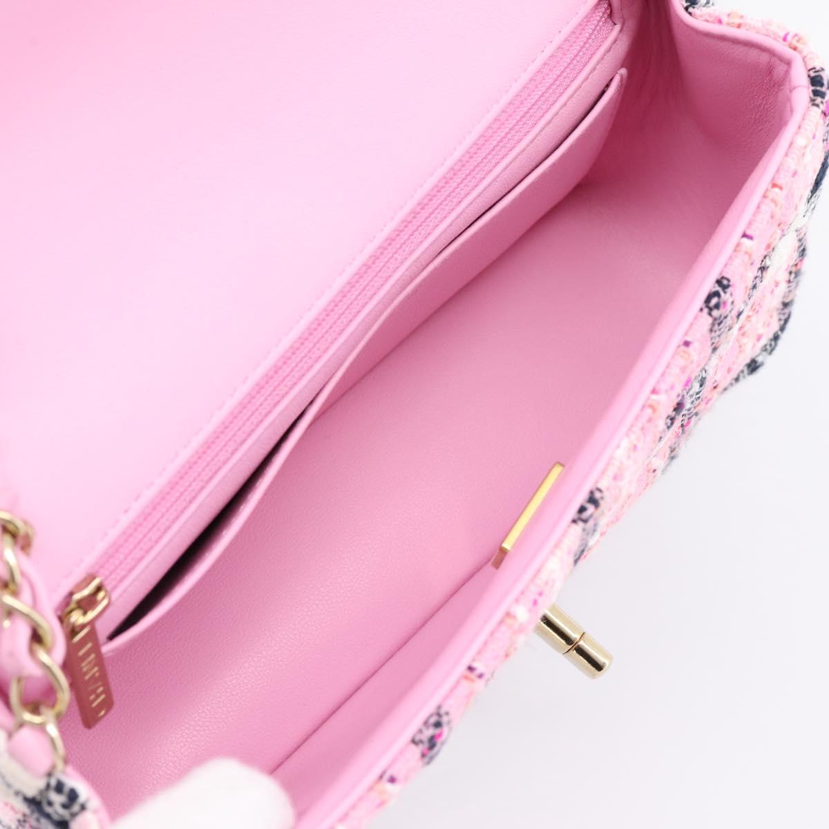 CHANEL Matelasse 20 Chain Shoulder Bag Tweed Pink Gold Tone CC Auth BA14813SM