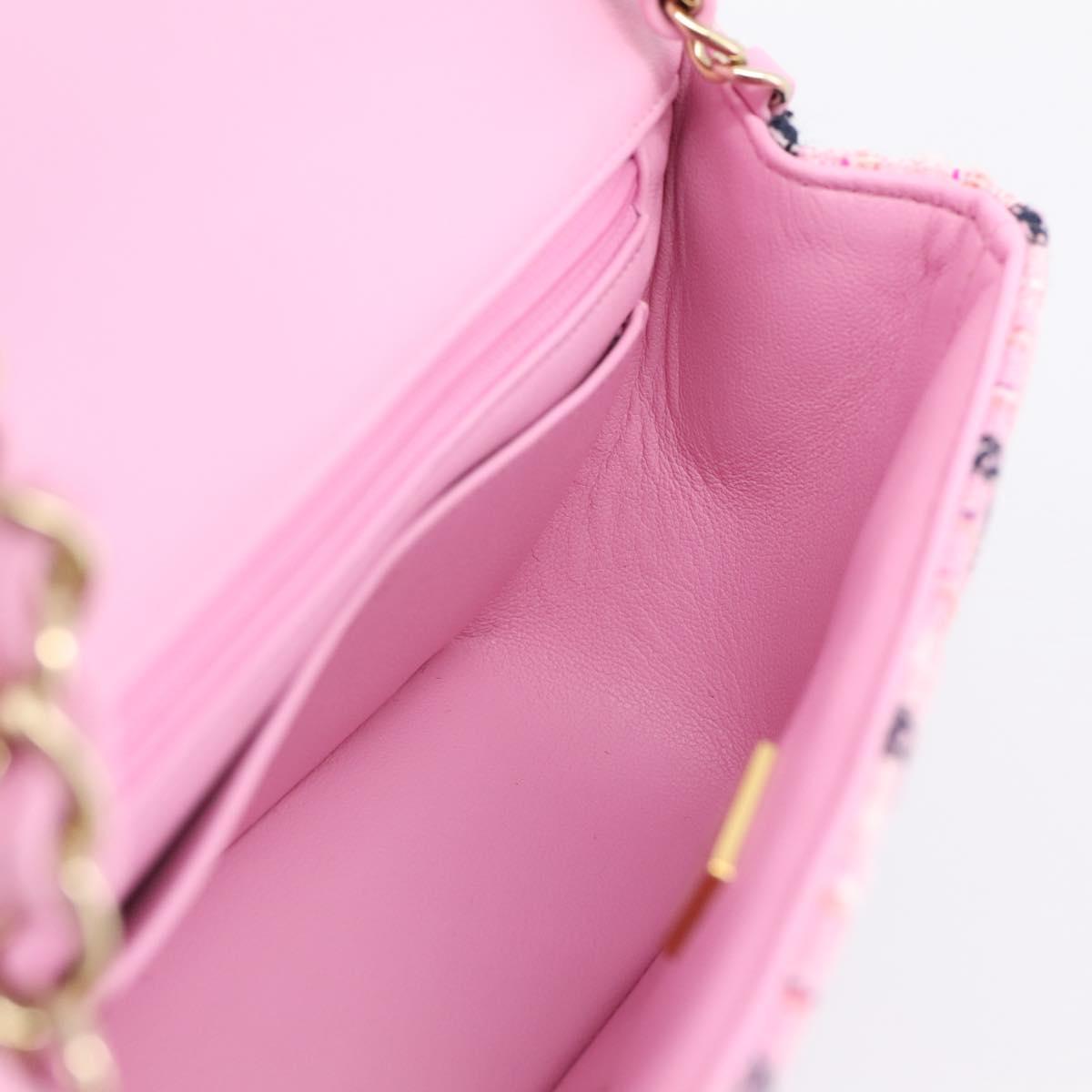 CHANEL Matelasse 20 Chain Shoulder Bag Tweed Pink Gold Tone CC Auth BA14813SM