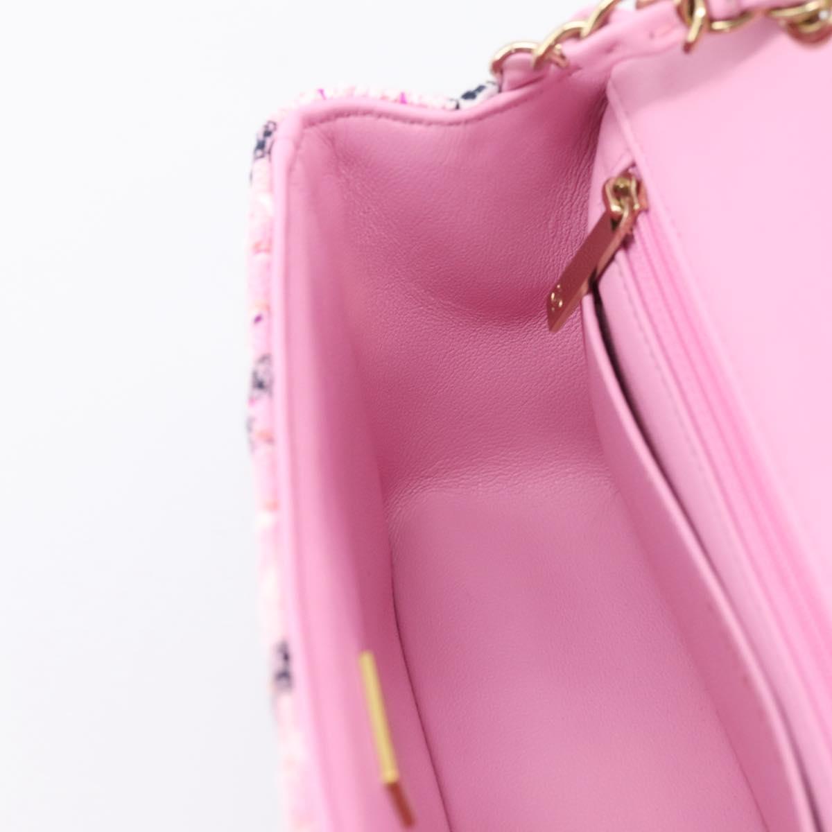 CHANEL Matelasse 20 Chain Shoulder Bag Tweed Pink Gold Tone CC Auth BA14813SM