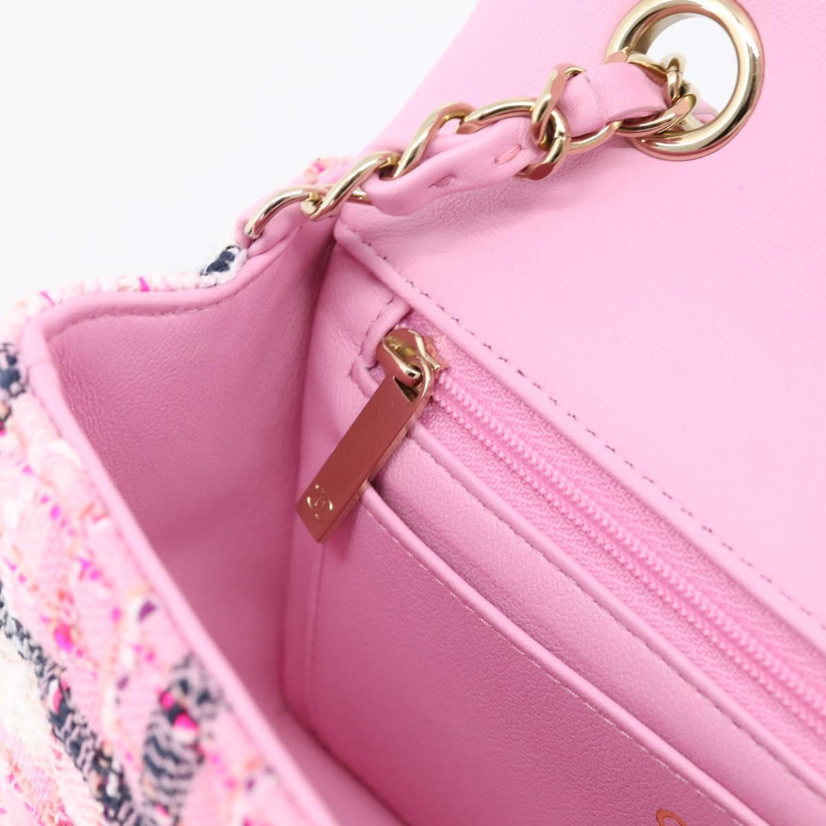 CHANEL Matelasse 20 Chain Shoulder Bag Tweed Pink Gold Tone CC Auth BA14813SM