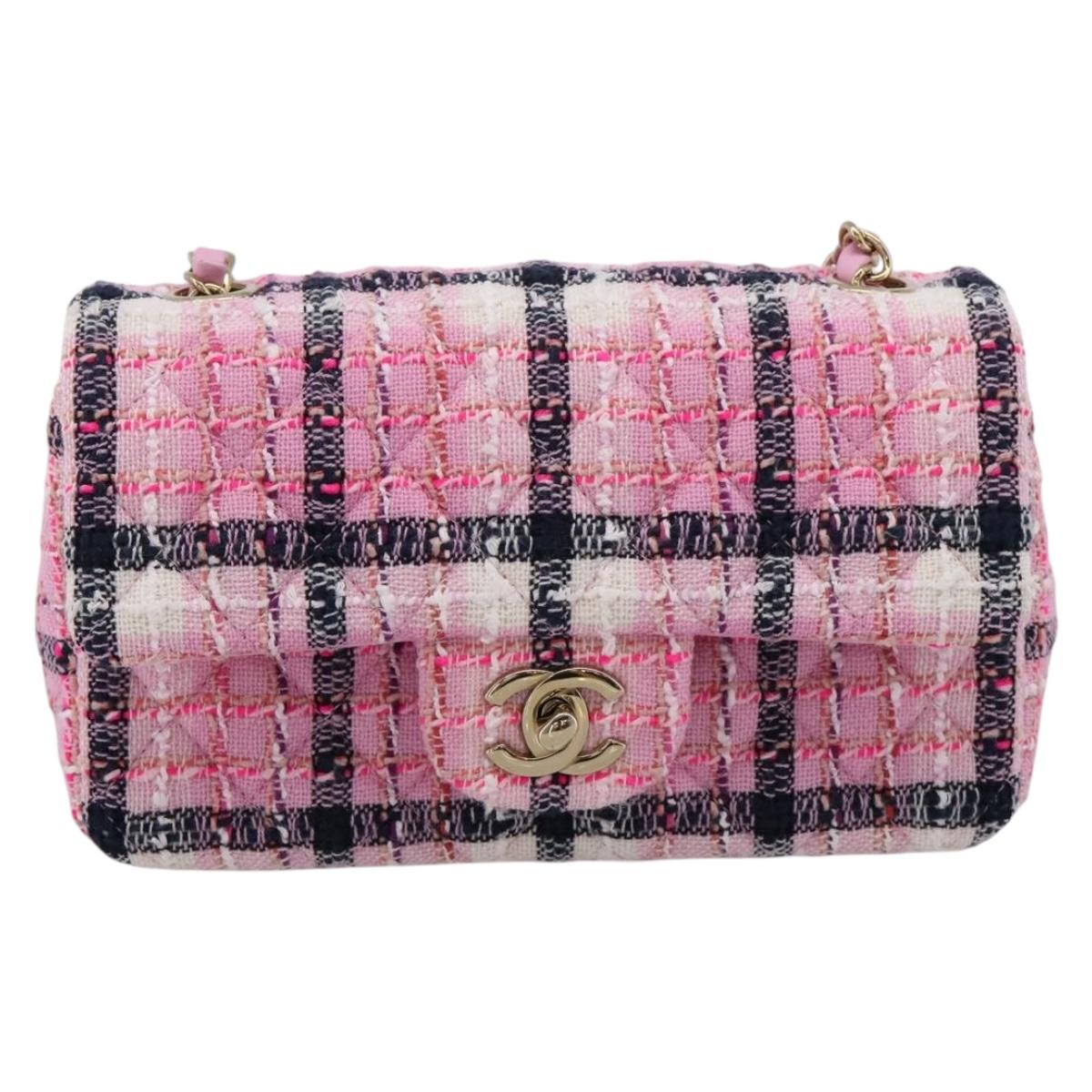 CHANEL Matelasse 20 Chain Shoulder Bag Tweed Pink Gold Tone CC Auth BA14813SM