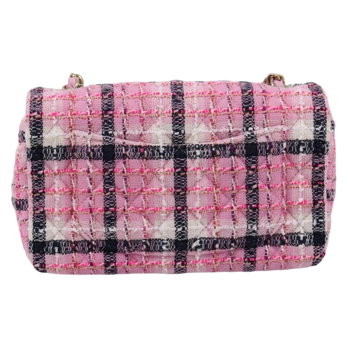 CHANEL Matelasse 20 Chain Shoulder Bag Tweed Pink Gold Tone CC Auth BA14813SM