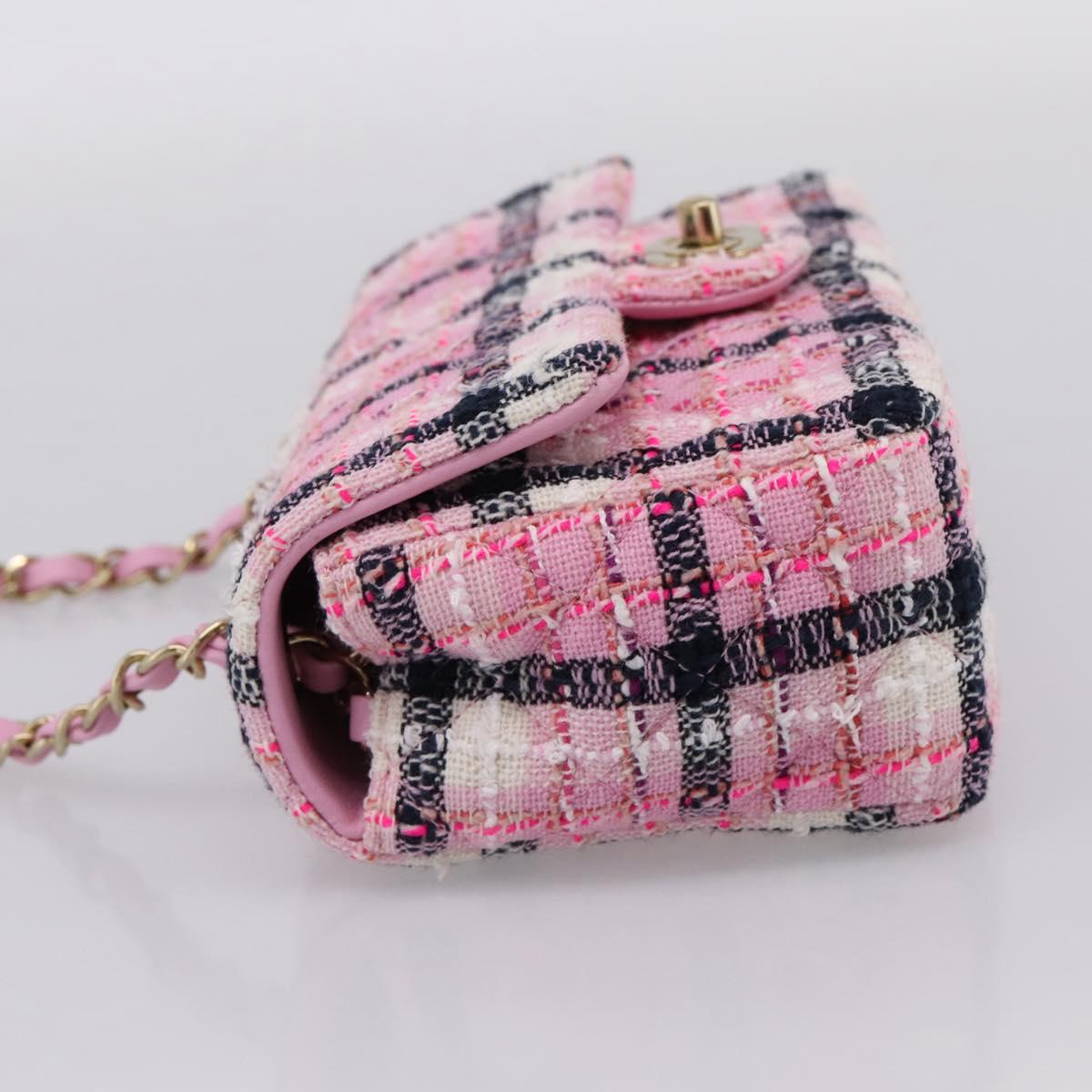 CHANEL Matelasse 20 Chain Shoulder Bag Tweed Pink Gold Tone CC Auth BA14813SM