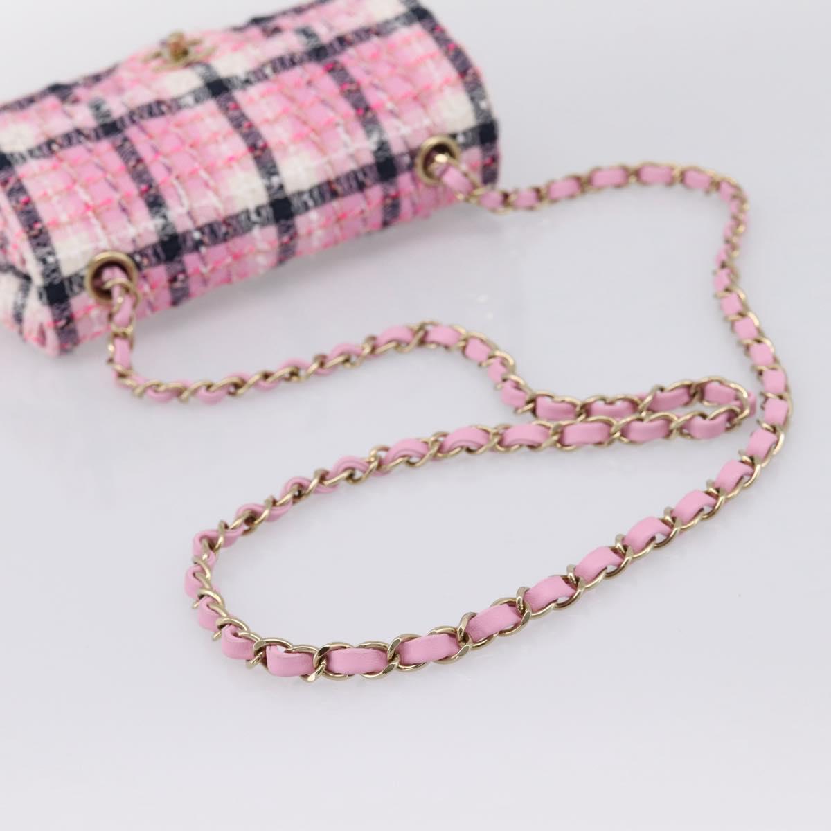 CHANEL Matelasse 20 Chain Shoulder Bag Tweed Pink Gold Tone CC Auth BA14813SM