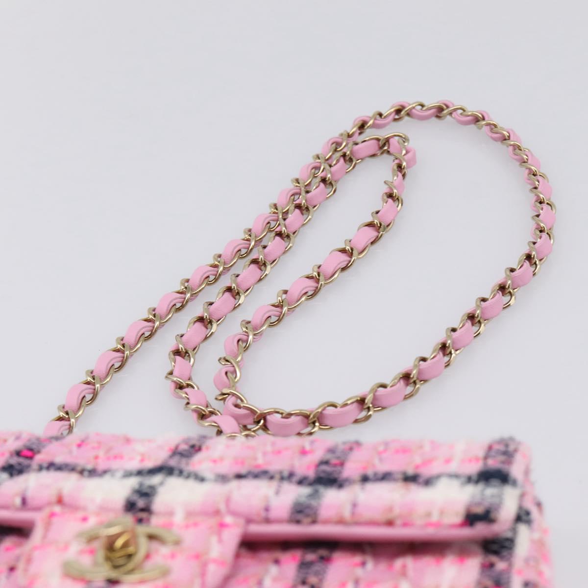 CHANEL Matelasse 20 Chain Shoulder Bag Tweed Pink Gold Tone CC Auth BA14813SM