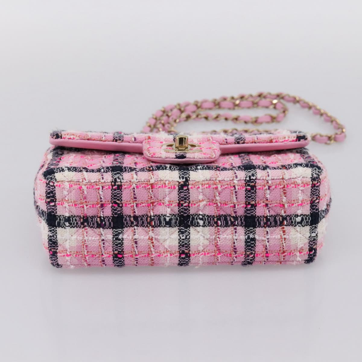 CHANEL Matelasse 20 Chain Shoulder Bag Tweed Pink Gold Tone CC Auth BA14813SM