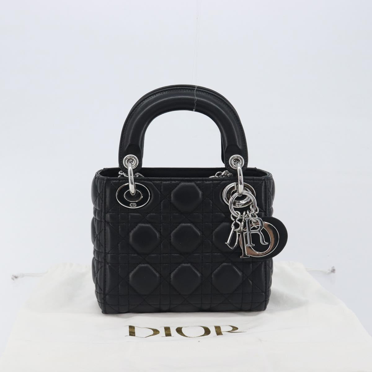 Christian Dior Lady Dior Hand Bag Lamb Skin 2way Black Silver Auth BA14814SM