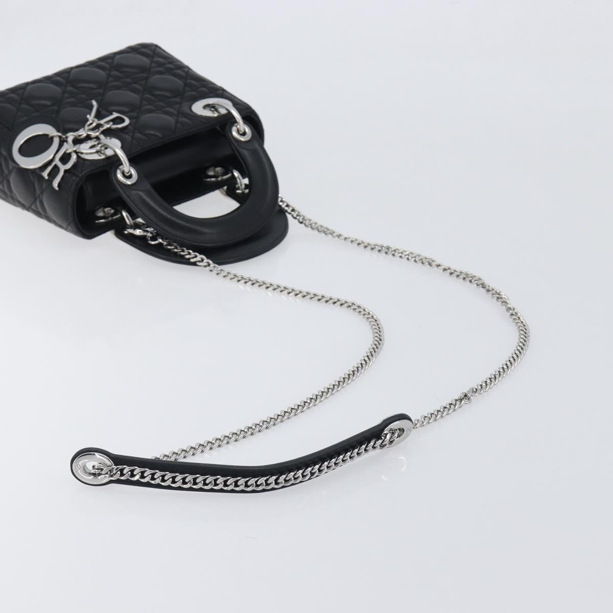 Christian Dior Lady Dior Hand Bag Lamb Skin 2way Black Silver Auth BA14814SM