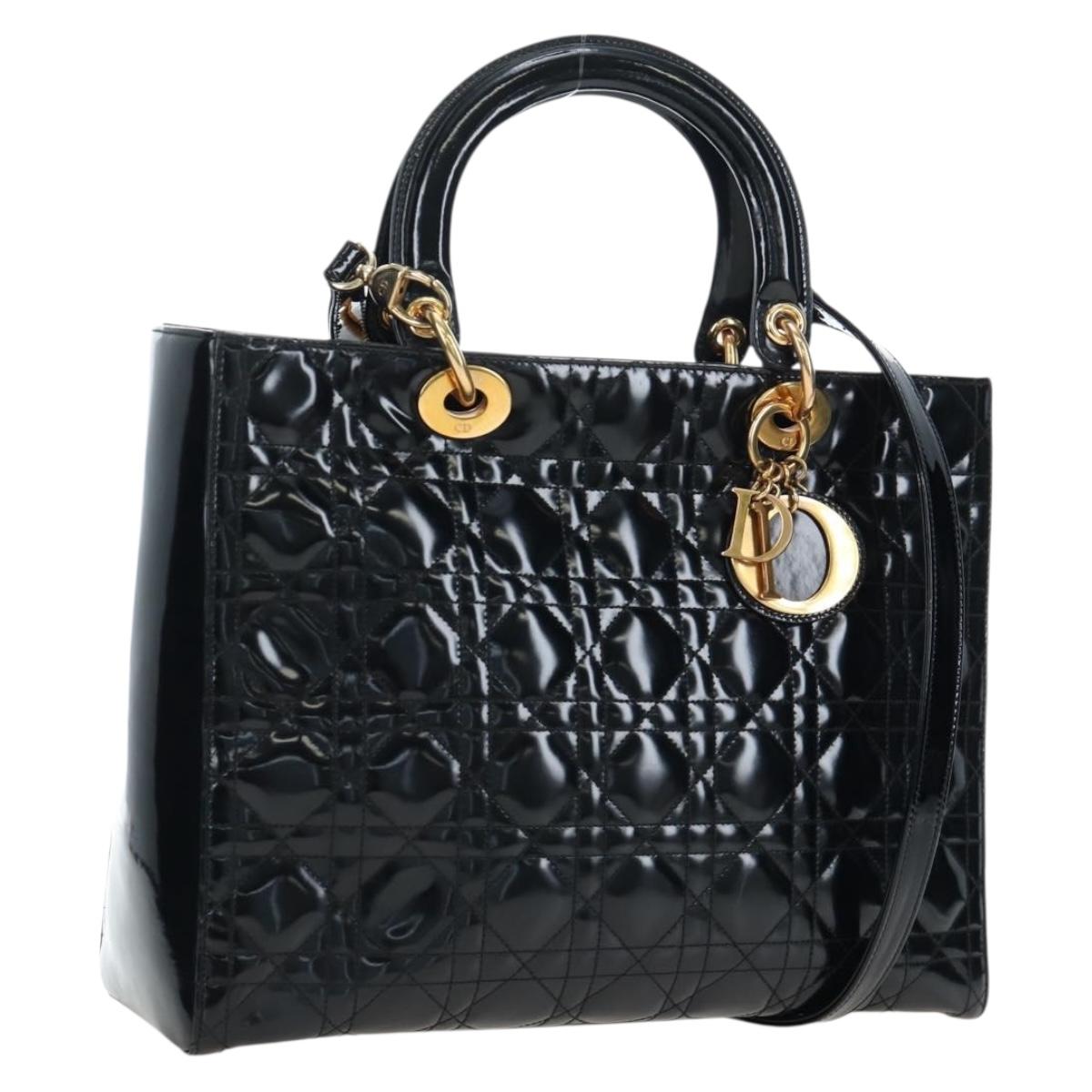 Christian Dior Lady Dior Hand Bag Patent 2way Black Gold Tone Auth BA14818V