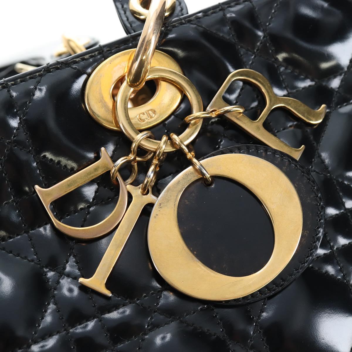Christian Dior Lady Dior Hand Bag Patent 2way Black Gold Tone Auth BA14818V