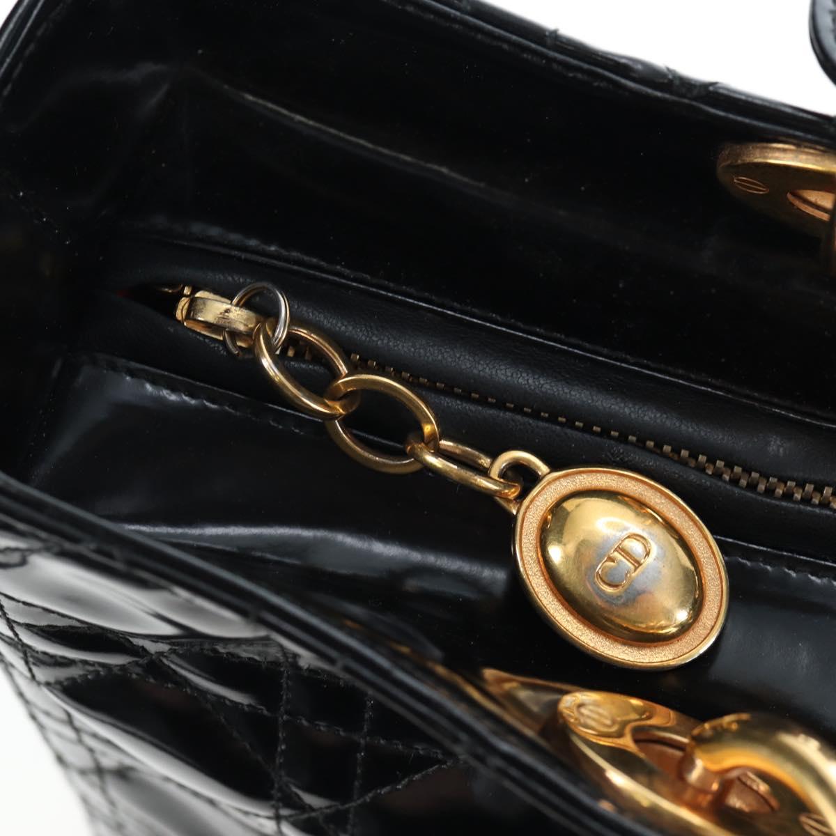 Christian Dior Lady Dior Hand Bag Patent 2way Black Gold Tone Auth BA14818V