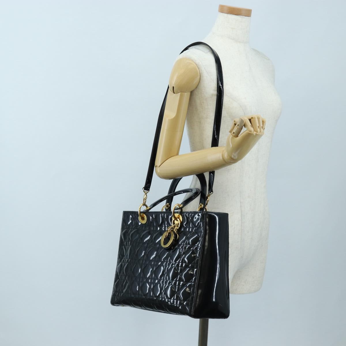Christian Dior Lady Dior Hand Bag Patent 2way Black Gold Tone Auth BA14818V