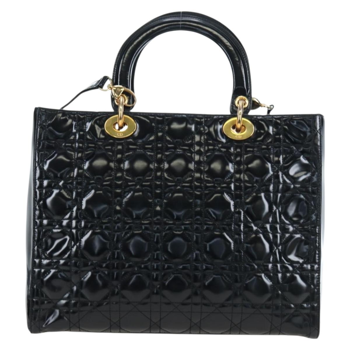 Christian Dior Lady Dior Hand Bag Patent 2way Black Gold Tone Auth BA14818V