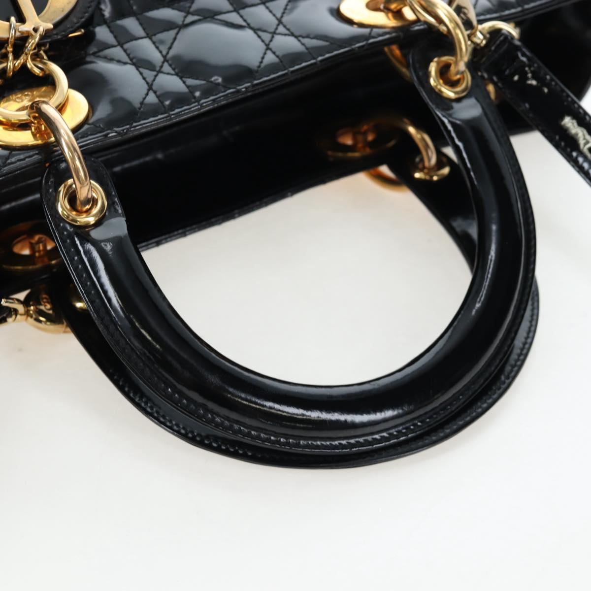 Christian Dior Lady Dior Hand Bag Patent 2way Black Gold Tone Auth BA14818V