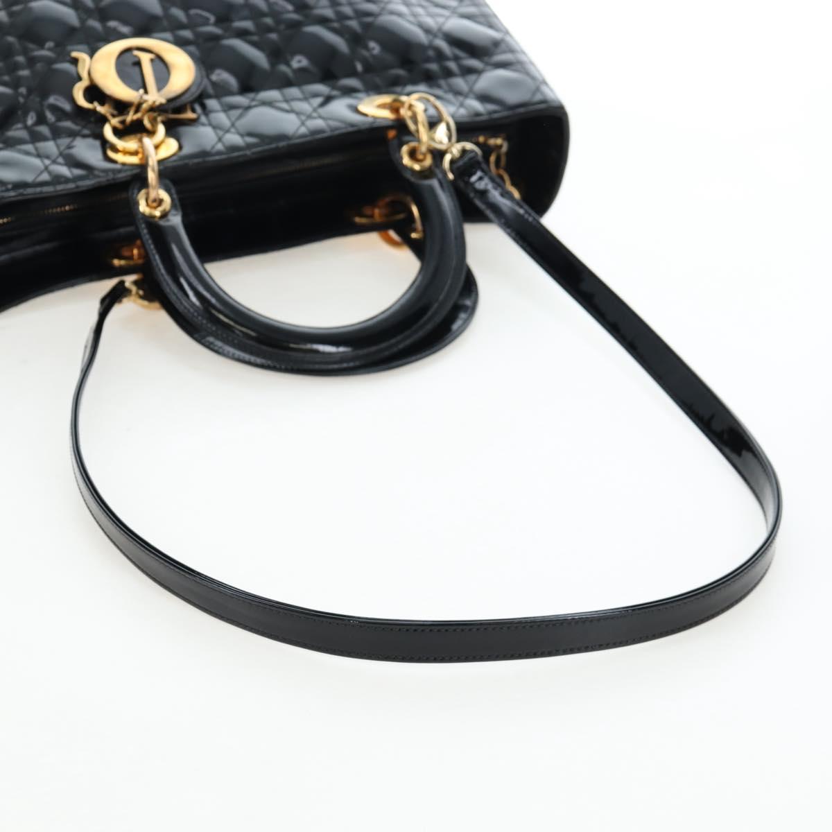 Christian Dior Lady Dior Hand Bag Patent 2way Black Gold Tone Auth BA14818V