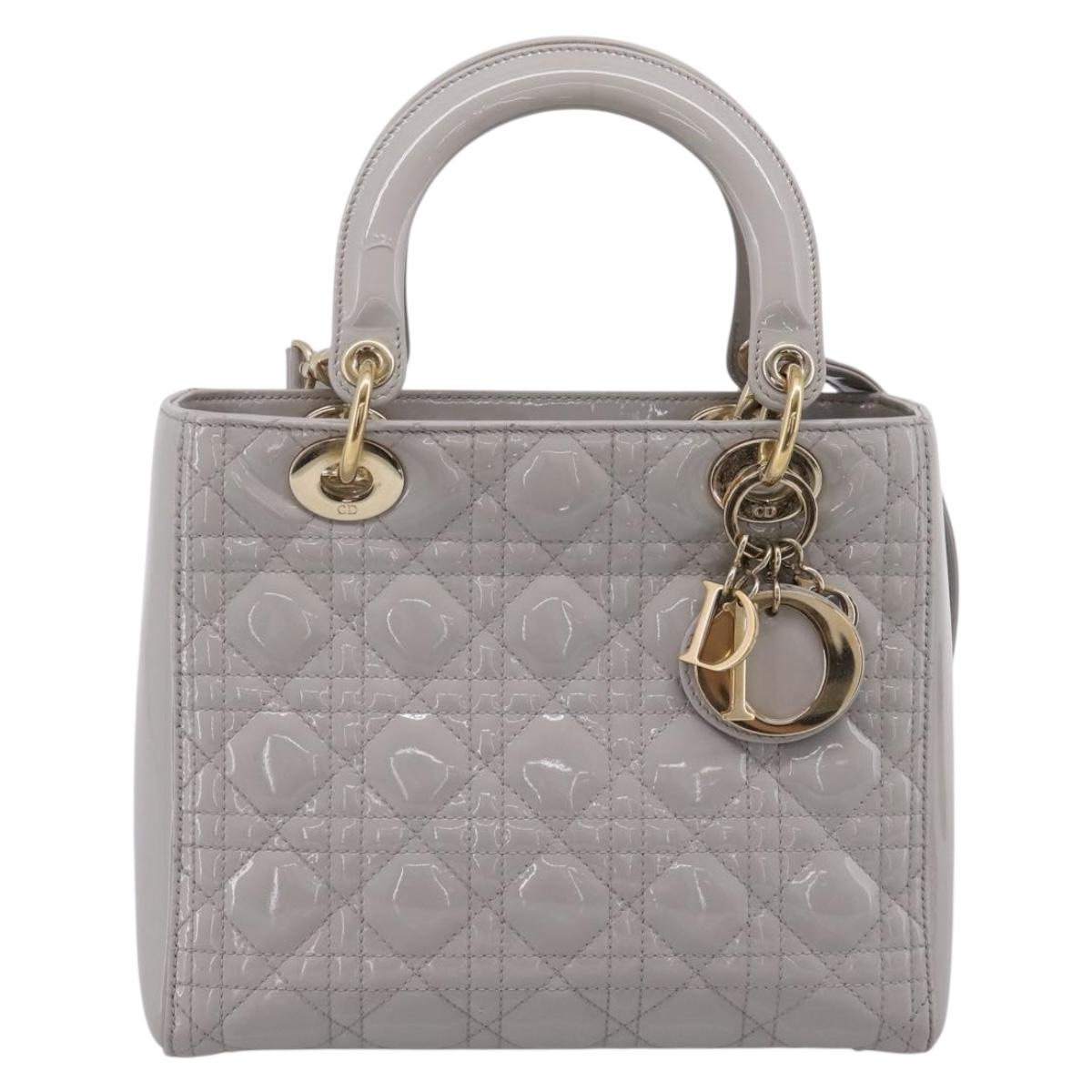 Christian Dior Lady Dior Hand Bag Patent 2way Gray Gold Auth BA14819SAM