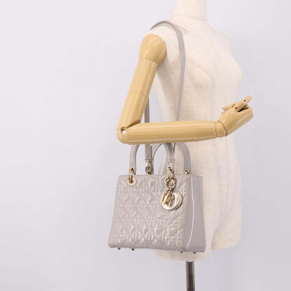 Christian Dior Lady Dior Hand Bag Patent 2way Gray Gold Auth BA14819SAM